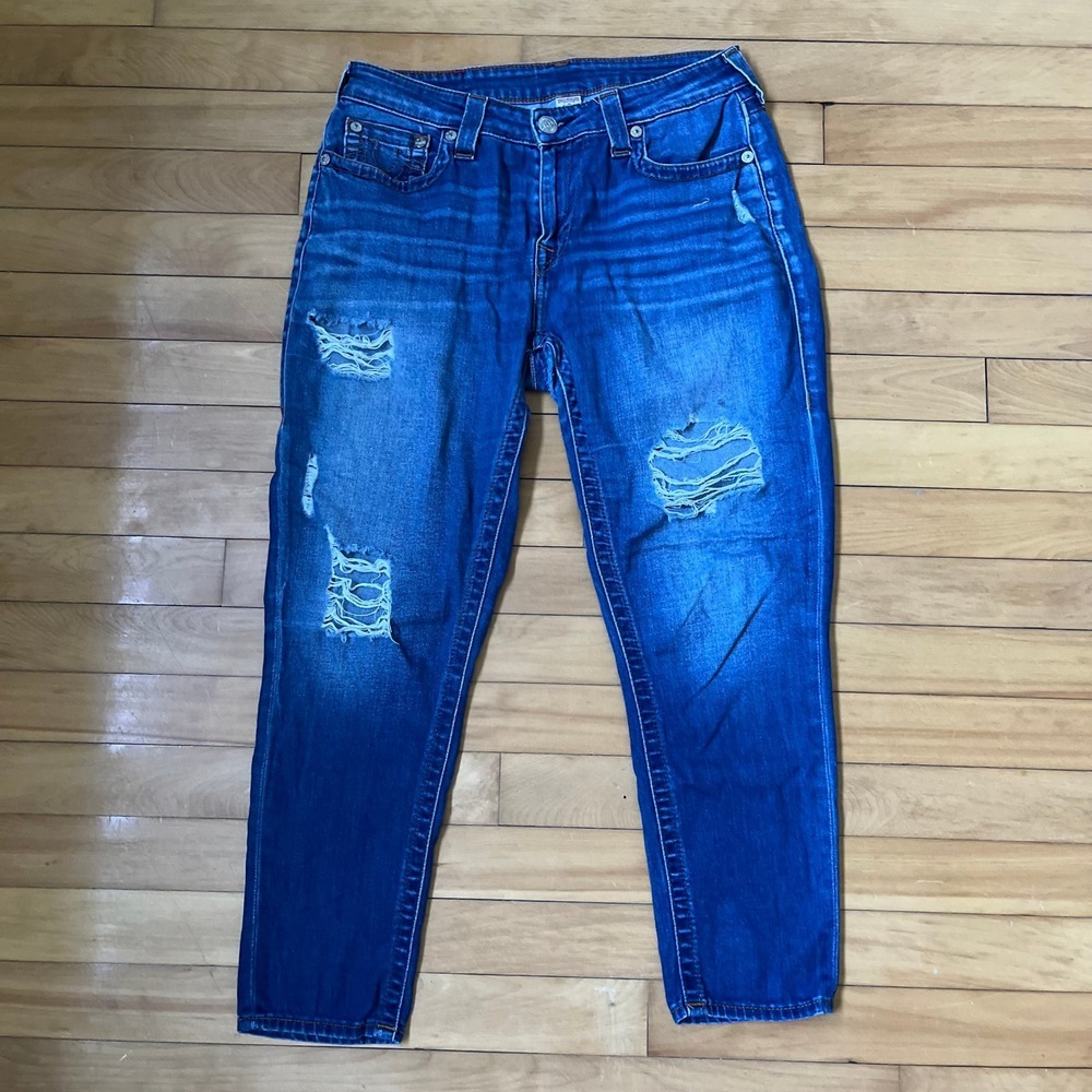 True Religion Distressed Medium Wash Straight Leg Denim Capri Jeans Mens Size 30
